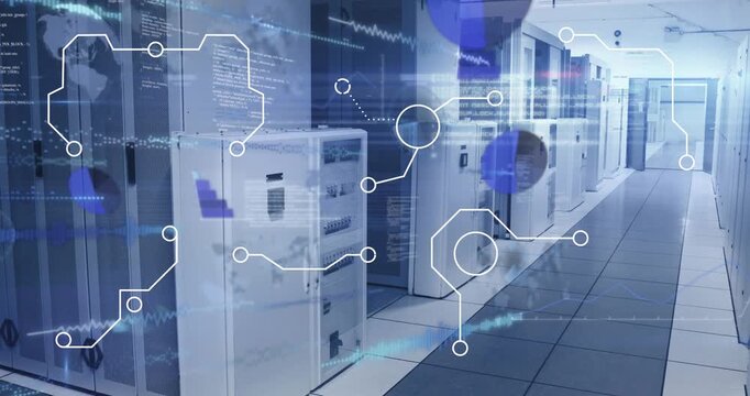 Animation of network of connections and icons over server room