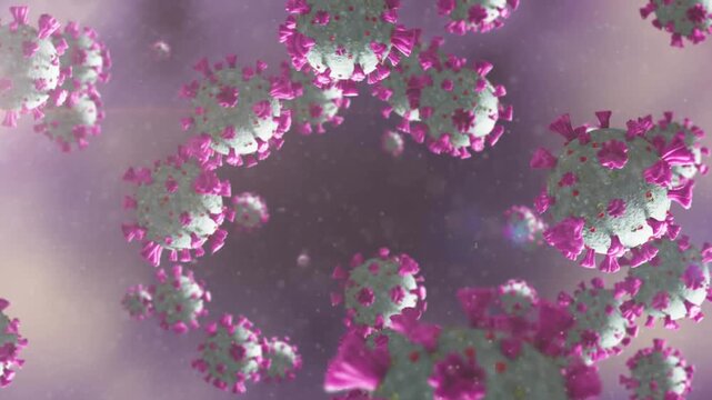 Animation of covid 19 cells flying on purple background