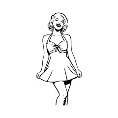 Logotipo boutique de moda. Dibujo con líneas de una mujer alegre con peinado y ropa estilo vintage, sujetando la falda con las manos  © teracreonte