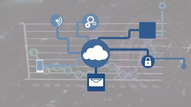 Animation of network of connections with icons over blue background