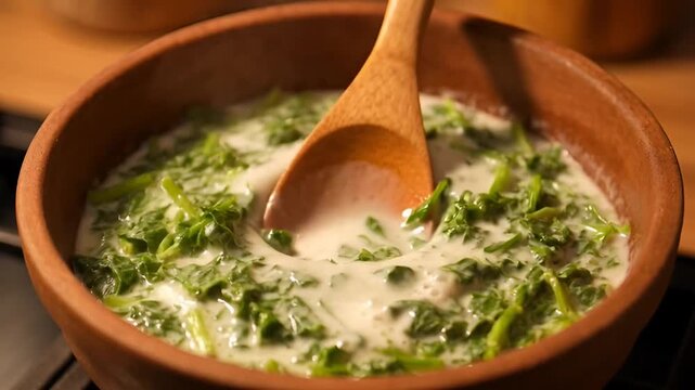 Creamy Spinach Dish in Ceramic Bowl: A rustic ceramic bowl cradles a vibrant dish of creamy spinach, gently stirred by a wooden spoon.