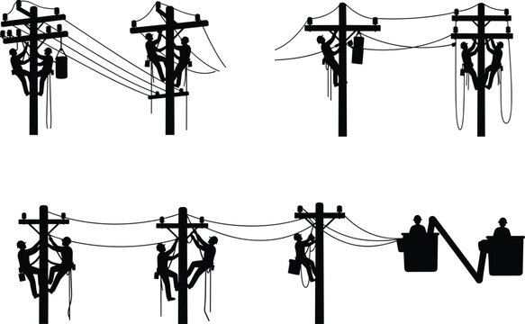 Silhouettes of electrical lineworkers repairing power lines, electricians climbing utility poles, and technicians in bucket trucks performing high voltage maintenance.