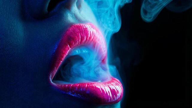 Woman sensual lips exhale mysterious blue smoke. Vibrant pink mouth highlighted by dark light. Sensual vapor curls, creating dramatic glowing neon effect against deep background