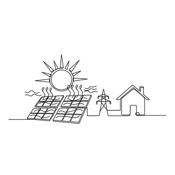 Solar panels powering house with continuous line art illustration