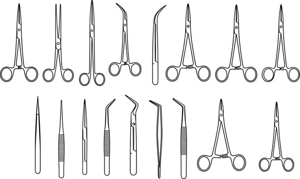 Surgical instruments line art vector set, featuring medical scissors, hemostats, tweezers, and forceps, isolated on a white background for healthcare.