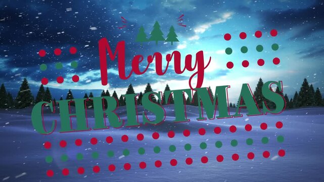 Animation of merry christmas text over winter scenery