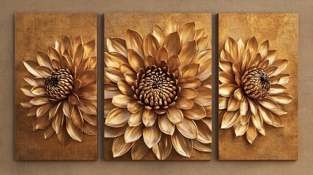 A triptych of three large textured sunflower artworks in warm beige and golden tones, creating a cohesive and elegant wall display