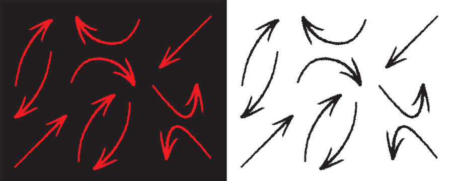 Hand Drawn Black and Red Curved Arrow Set, Doodle Sketch Directional Arrows Collection with Swirl, Loop and Wavy Lines for Infographic, Flowchart, Workflow Diagram, UI UX Navigation, Web Design