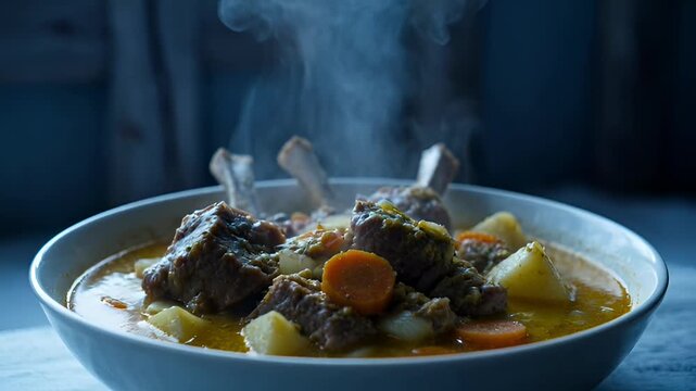 Steaming Stew: A close-up shot of a warm bowl of hearty stew, filled with tender chunks of meat, carrots, and potatoes, rising steam.
