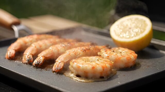 Sizzling Shrimp Delight: Close-up shot of delectable, perfectly grilled shrimp arranged on a hot griddle, accompanied by a fresh lemon wedge, an inviting scene for seafood lover