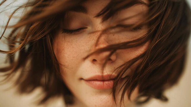 close-up of woman's face with eyes closed, hair moving in the wind, simple background, soft neutral tones, clean composition, gentle lighting, focus on serenity and natural beauty
