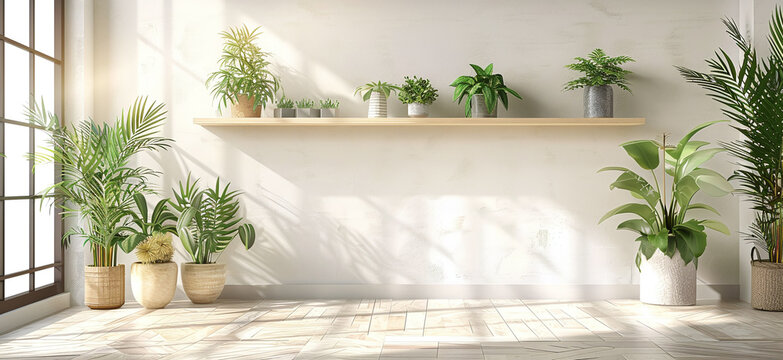 White wall with low ledge, hanging vines and small shelf display in soft daylight. Calm interior backdrop for wellness pages, remote meetings and simple brand mockups.