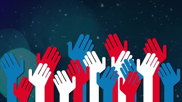 Animation of white particles falling over hand icons against spots of light on blue background