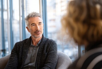 Fototapeta premium Cinematic portrait of a middle-aged man with short gray hair and stubble, dressed in a tailored dark blazer and shirt, sitting in a modern office environment with large windows