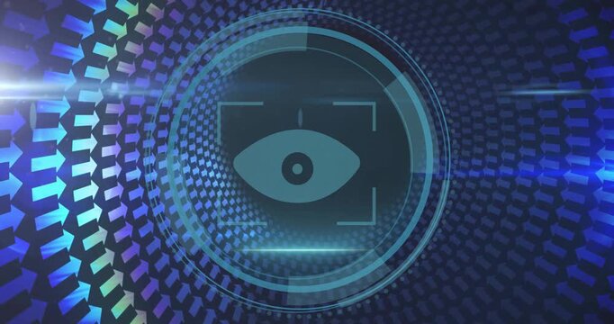 Animation of cyber security text with arrows and biometric eye scanner processing data