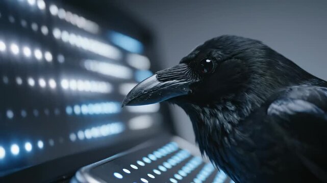 A captivating raven observes a futuristic display of lights and technology.