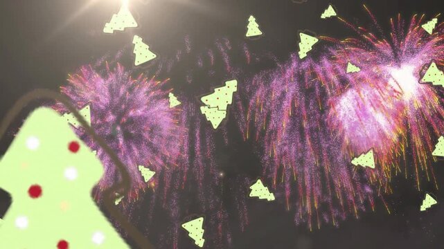 Yellow flash sparking fireworks sending colorful sparks, green triangles drifting in celebration