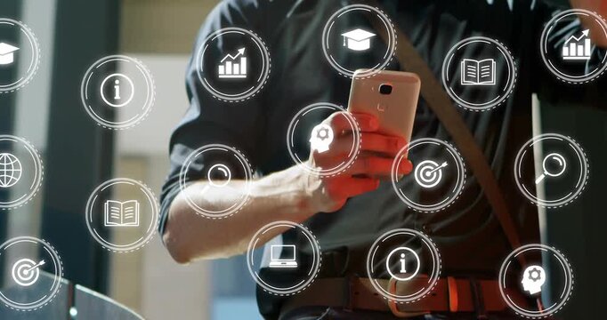 Man shifting to two-handed phone use after AR icons appearing tapping and scrolling business charts