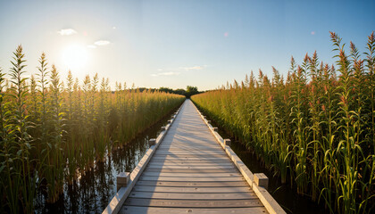 Fototapeta premium Raised wooden boardwalk passing through wetland plants on sunny day 