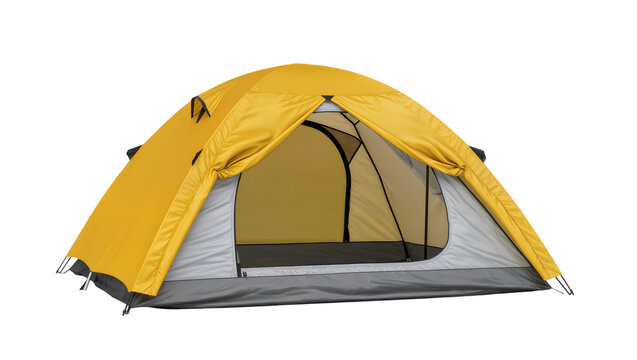 Yellow and Beige Camping Tent with Mesh Windows and Dark Grey Base