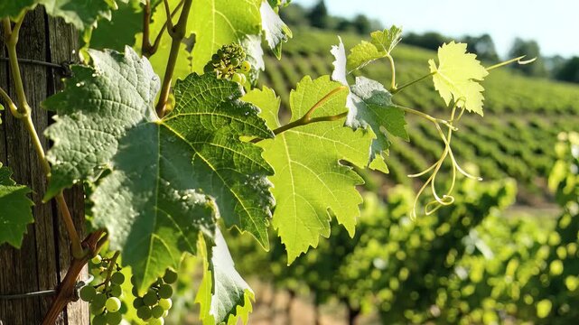 Vineyard Rows Bathed in Sunlight with Lush Green Grape Leaves.