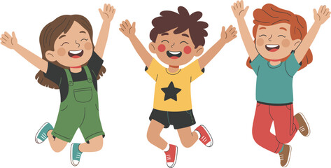 Happy jumping children illustration, cartoon kids celebrating together, cheerful playful characters colorful vector design © Majnur