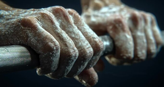 Cinematic close-up of chalk-dusted hands powerfully gripping a metal bar, symbolizing intense dedication, raw strength, and the unyielding spirit of an athlete in training