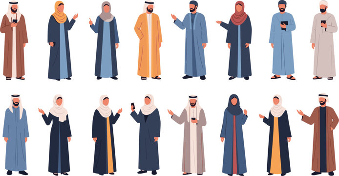 Professional Arab Men and Women Vector Set Featuring Diverse Muslim Characters in Traditional Attire Isolated on White Background for Cultural Designs