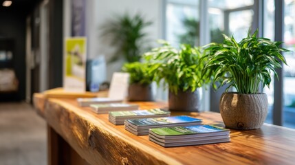 Fototapeta premium Focused medium shot on a natural wood wellness front desk with calming green plants and wellness pamphlets lightly out of focus.