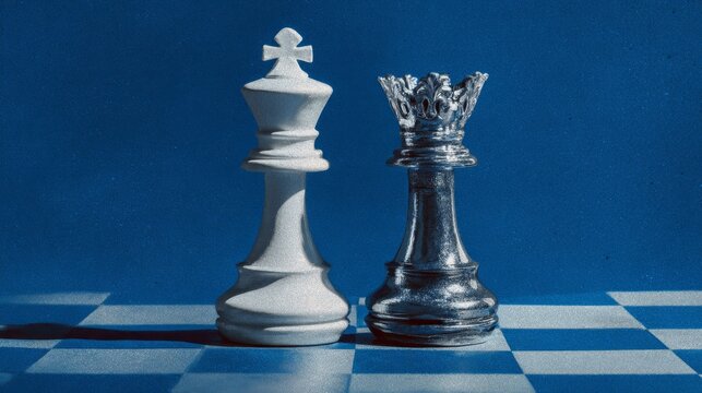 Chess match triumph white king defeated by silver queen on game board