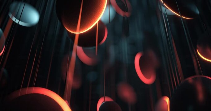 Abstract glowing red rings suspended on threads with subtle blue light and dramatic lighting, evoking a futuristic or ethereal mood
