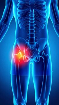 3d human body skeletal anatomy with highlighted hip joint pain, suitable for medical education, healthcare articles, pain management, and orthopedic presentations.