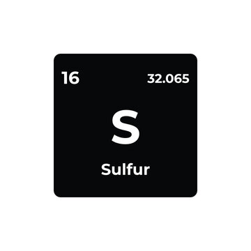 A simple, minimalist periodic table tile for the element Sulfur, displayed in white on a black rounded square background, featuring its symbol, atomic number, and weight. For commercial use.