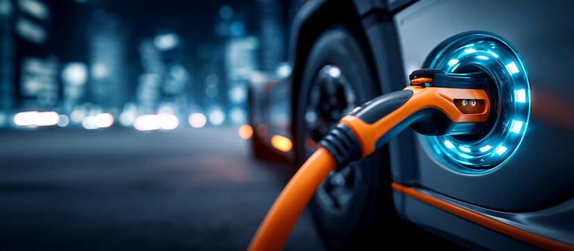 Close-up of an electric semi-truck charging at night with orange power cable and blurred city lights background.