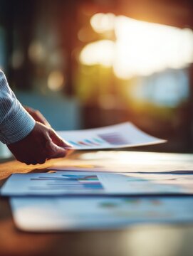 business analyst reviewing reports with a blured background with naturel sunlightar 34