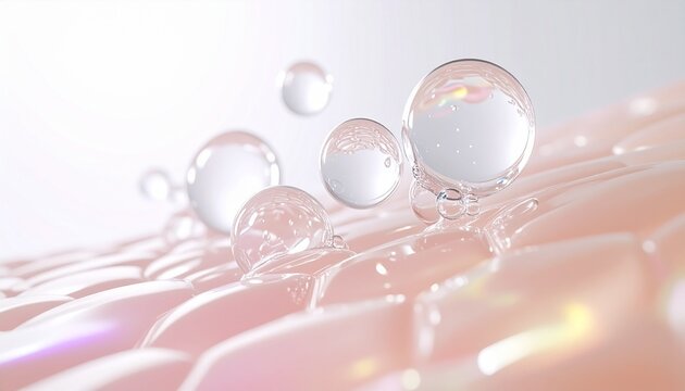 泡で肌を洗浄しながら美容液が浸透する様子を描いたスキンケア背景 ヒアルロン酸セラミド成分を想起させるビジュアル ジェネレーティブAI