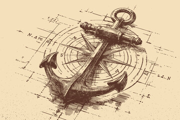 A vector illustration of a classic ship's anchor with a modern compass rose. © PanzaDesign