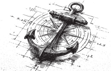 A vector illustration of a classic ship's anchor with a modern compass rose. © PanzaDesign