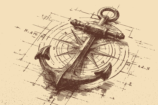 A vector illustration of a classic ship's anchor with a modern compass rose.