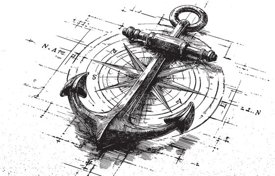 A vector illustration of a classic ship's anchor with a modern compass rose.