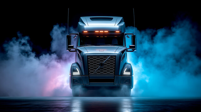 Modern semi-truck front view in a dark studio with dramatic neon blue smoke and cinematic lighting.