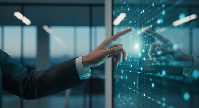 Futuristic digital interface with businessman hand touching glowing data screen, interactive touch screen technology, blue cyber security network