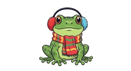 Obraz premium Cute Cartoon Frog Wearing Winter Scarf and Earmuffs.