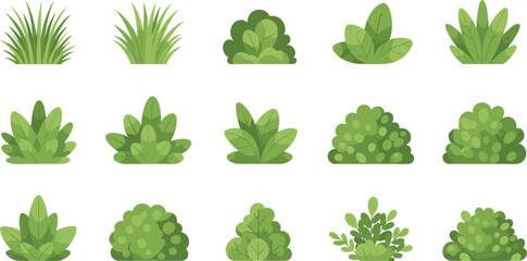 Green Bush And Grass Vector Set Featuring Various Shrub Shapes For Landscape Architecture Garden Scene Creation And Outdoor Nature Environment Graphic Designs © sojibislam