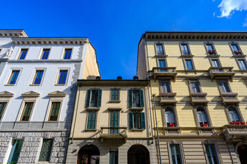Fototapeta premium Old residential building along Via Caradosso in Milan, Italy