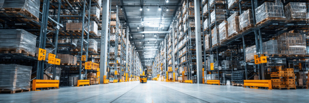 A wide view inside a modern warehouse logistics center reveals long aisles filled with neatly stacked pallets on organized shelving