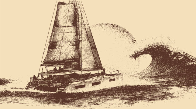 A modern sailing catamaran sailing across the ocean, vector illustration. This vector illustration can be used in any size you like for advertising, logos, and other work.
