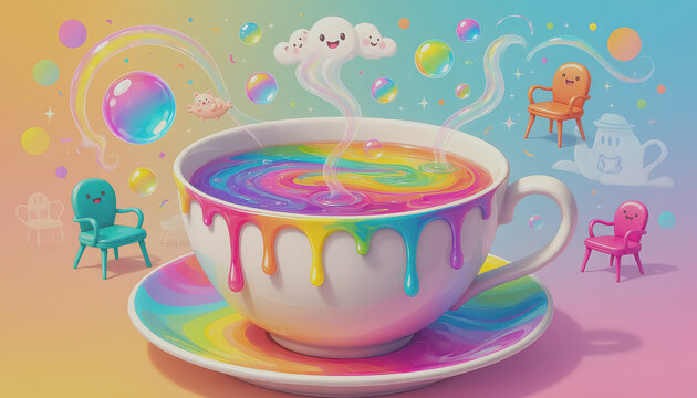 Surreal Silliness Giant Rainbow Teacup Overflowing with Happy Furniture