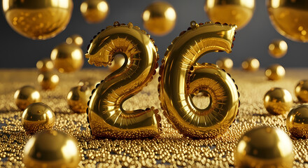 Obraz premium Two shimmering golden number twenty-six balloons stand among sparkling spheres, creating a luxurious celebration backdrop.