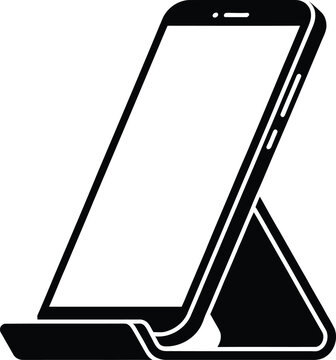 A simple black and white line art icon depicting a tablet stand holding a device at an angle isolated on white background